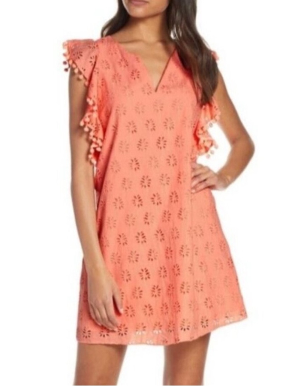 Lilly Pulitzer Astara Shift Eyelet Lace Coral Orange Palm Tree Pom Pom Dress XS